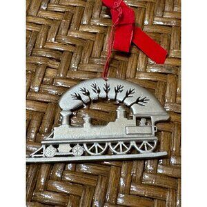Vintage Pewter Train Ornament With Red Ribbon